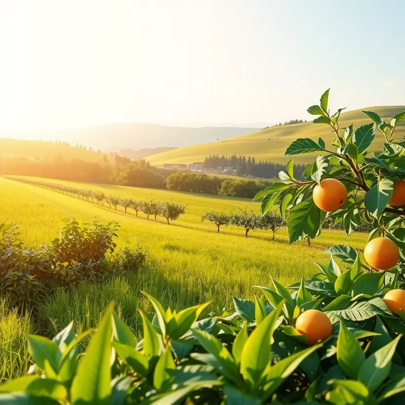 A vibrant sunlit orchard filled with fresh organic produce.