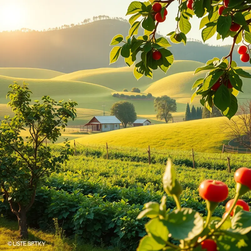 A sunlit orchard filled with colorful fruits and vegetables, symbolizing healthy eating.