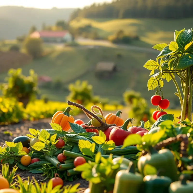 A vibrant sunlit orchard bursting with organic fruits and vegetables.
