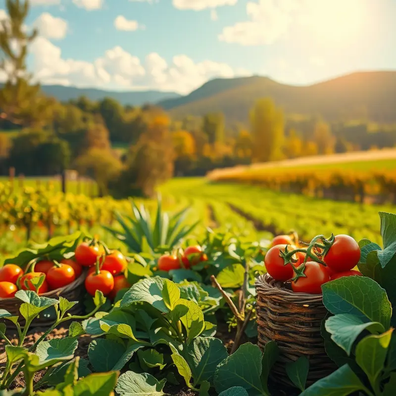 A sunlit field of fresh fruits and vegetables, displaying vibrant colors and natural abundance.