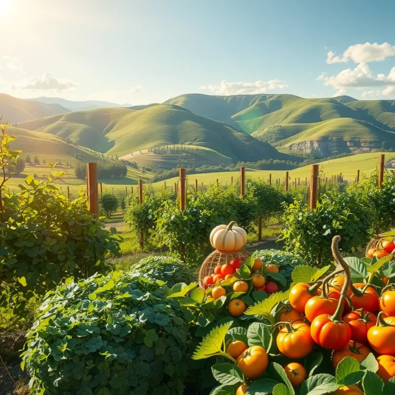 A vibrant sunlit orchard filled with fresh fruits and vegetables symbolizes healthy smoothie ingredients.