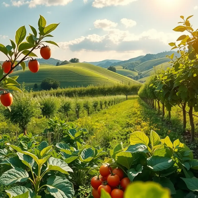 A lush field representing the essence of healthy nutrition with abundant fruits and vegetables.