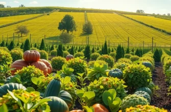 A peaceful landscape featuring a lush field of organic vegetables and fruits, symbolizing freshness.