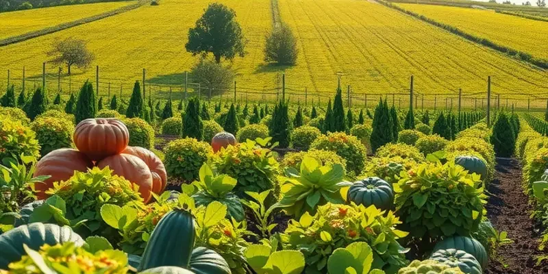 A peaceful landscape featuring a lush field of organic vegetables and fruits, symbolizing freshness.