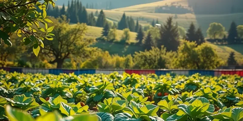 A beautiful sunlit orchard filled with fresh fruits and vegetables symbolizing healthy eating.