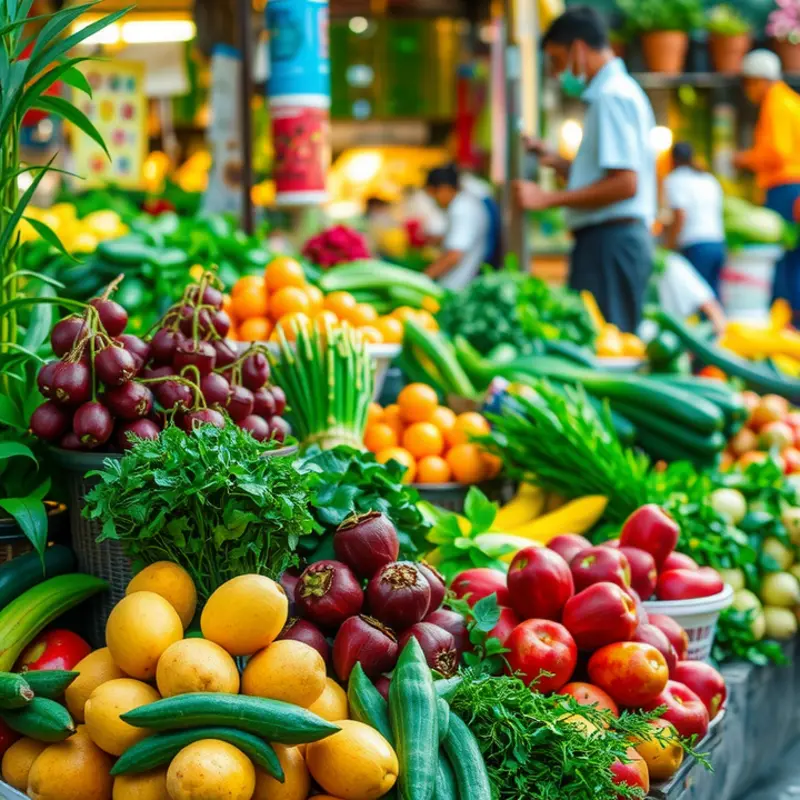 A vibrant Southeast Asian market overflowing with fresh produce.