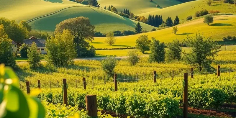 A vibrant landscape showcasing lush fields and orchards of fresh organic produce.
