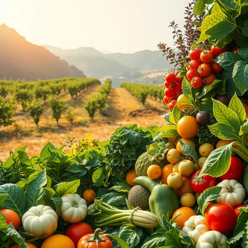 A sunlit field rich with vibrant produce, symbolizing the nourishing role of bread in cultural identity.
