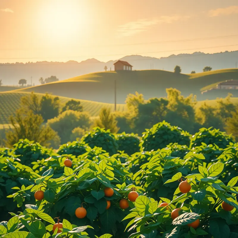 A sunlit field with a bounty of vibrant fruits and vegetables growing naturally.