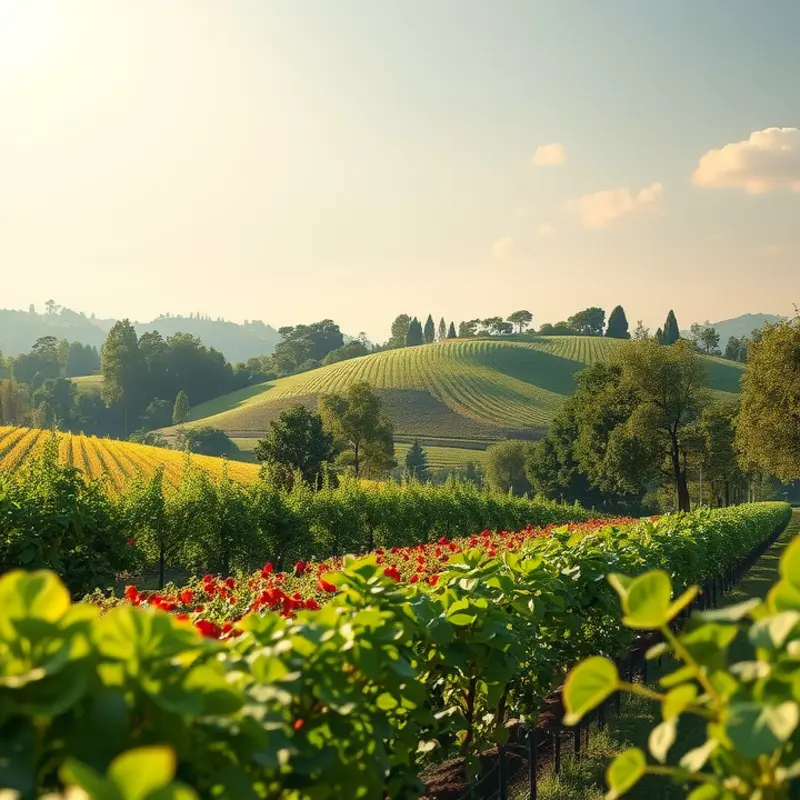 A sunlit landscape featuring vibrant fruits and vegetables growing in a lush, natural setting.