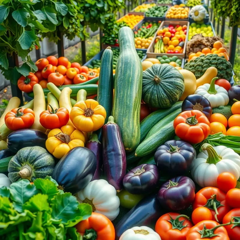A sunlit field with vibrant vegetables and lush greenery, evoking freshness.