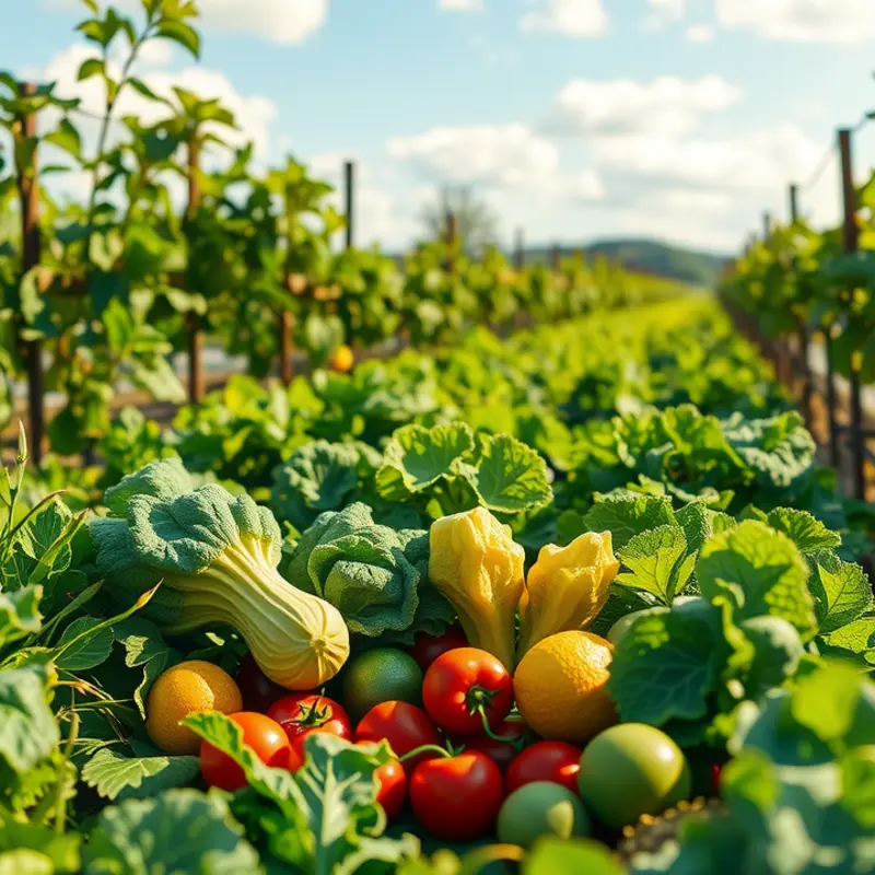 A vibrant sunlit field showcasing the abundance of organic produce.