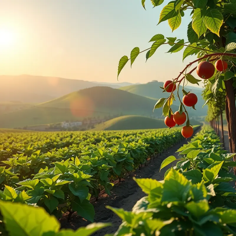 A sunlit field showcasing vibrant vegetables and fruits, highlighting the abundance of natural flavors.