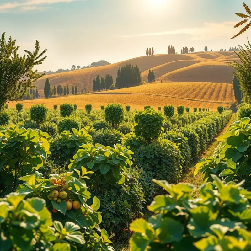 A sunlit orchard filled with vibrant vegetables and fruits.