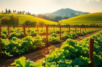 A scenic view of an orchard filled with organic vegetables and fruits growing in lush greenery.