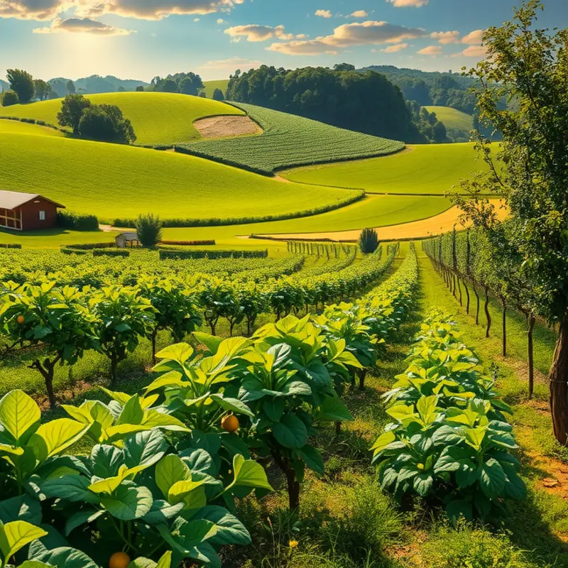 Sunlit field showcasing vibrant vegetables and fruits.