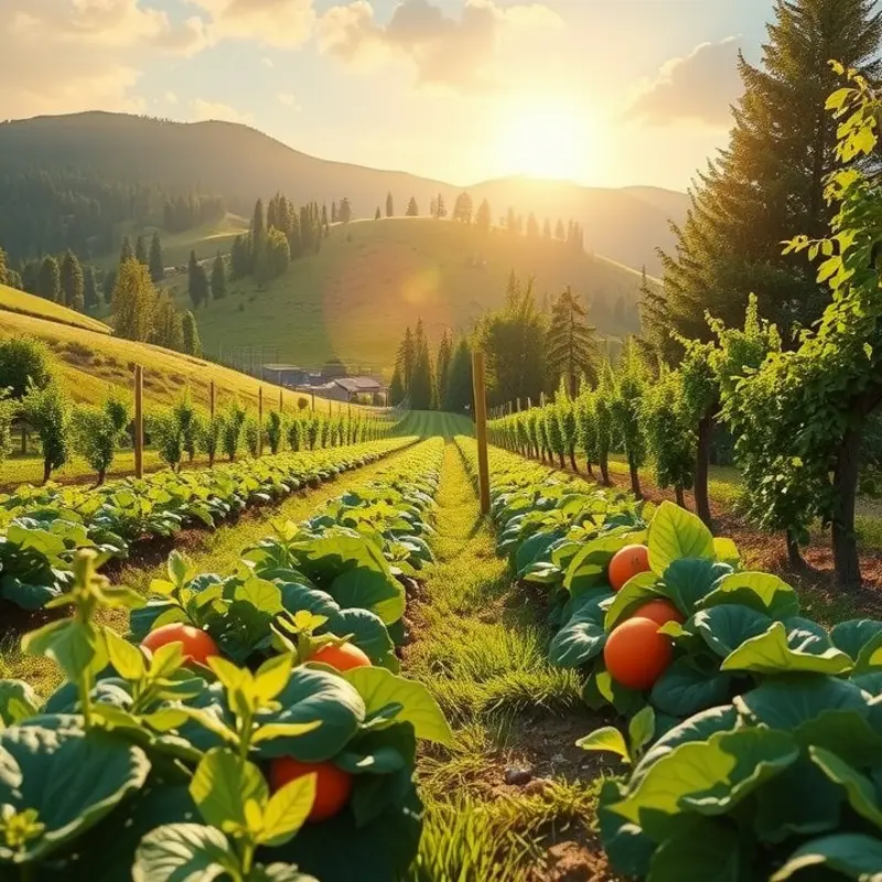 A vibrant sunlit field filled with organic fruits and vegetables, representing natural sweetness.
