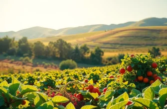 A photorealistic view of a lush landscape with organic vegetables and fruits bathed in sunlight