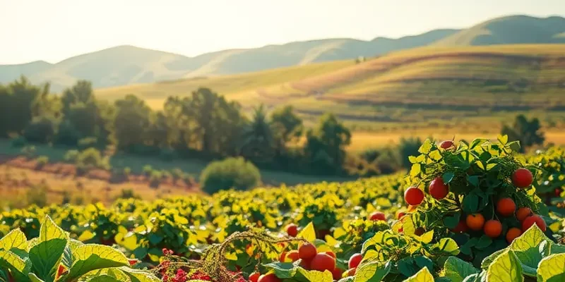 A photorealistic view of a lush landscape with organic vegetables and fruits bathed in sunlight