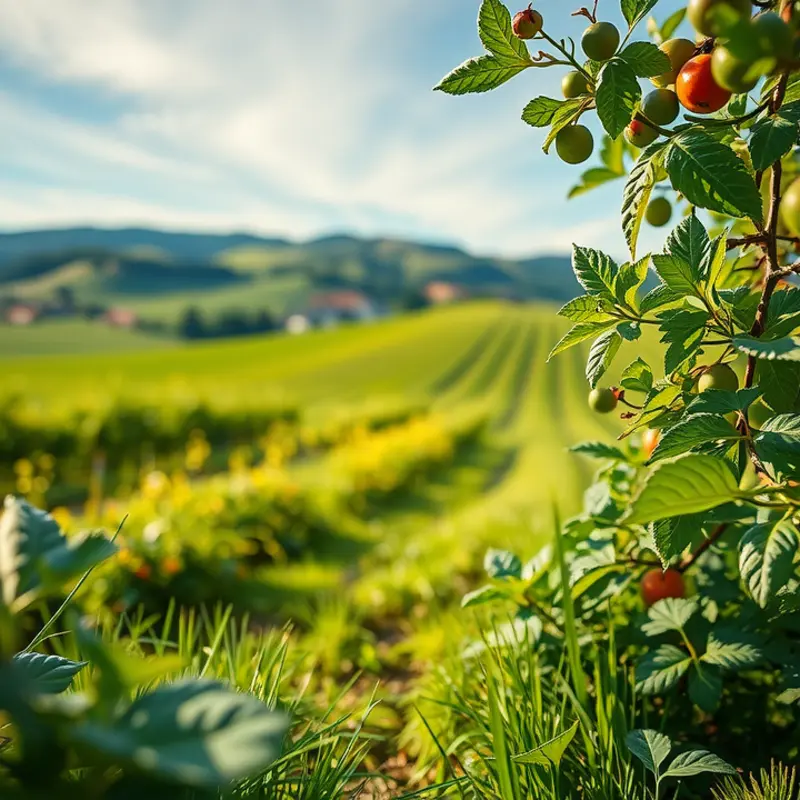 A sunlit orchard showcasing fresh fruits and vegetables, symbolizing healthy nutrition.