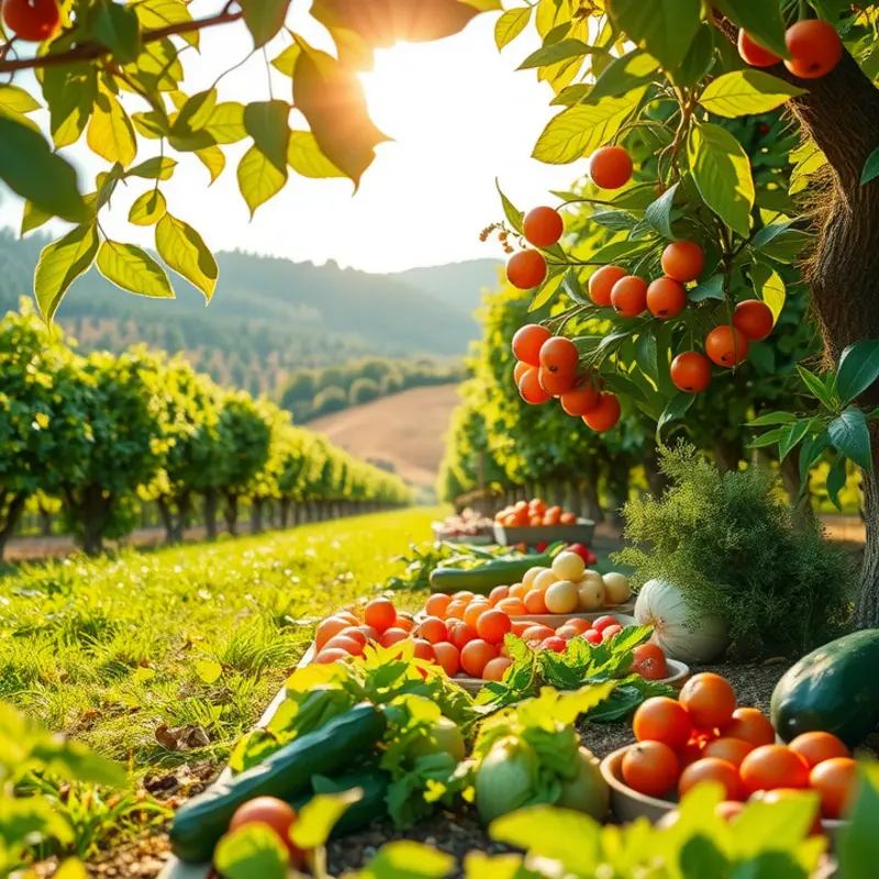 A bountiful orchard showcasing a variety of fruits and vegetables in a sunlit landscape.