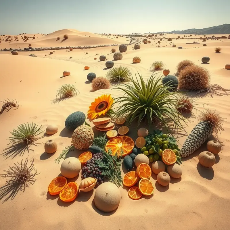 Desert landscape featuring sun-dried fruits and herbs, illustrating ancient food preservation methods.