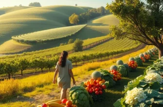 A vibrant sunlit field rich with various vegetables and fruits, embodying the essence of fresh cooking.