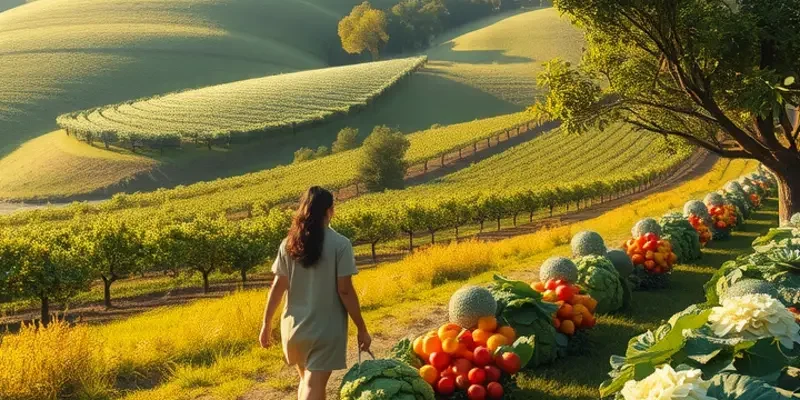 A vibrant sunlit field rich with various vegetables and fruits, embodying the essence of fresh cooking.