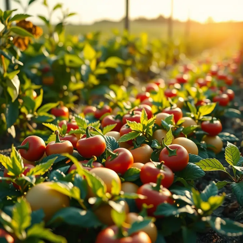 A sunlit field showcasing the abundance of organic fruits and vegetables.
