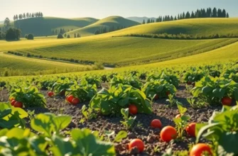 A vibrant field under sunlight highlighting an array of fresh organic vegetables and fruits thriving in a natural landscape.