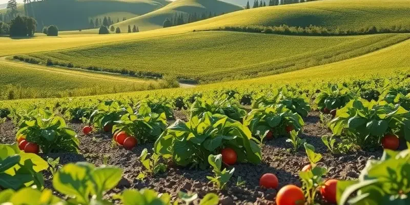 A vibrant field under sunlight highlighting an array of fresh organic vegetables and fruits thriving in a natural landscape.