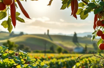 A lush, vibrant field filled with an abundance of vegetables and fruits under the warm sun, emphasizing organic freshness.