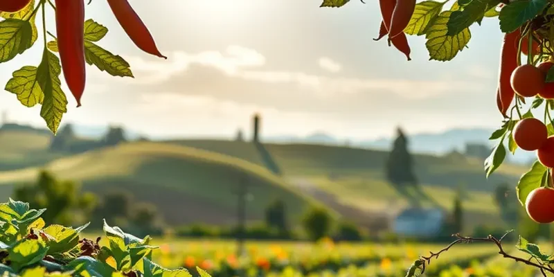 A lush, vibrant field filled with an abundance of vegetables and fruits under the warm sun, emphasizing organic freshness.