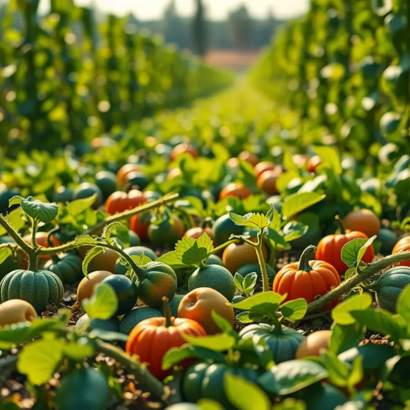A sunlit field teeming with fresh vegetables and fruits, symbolizing nutritious eating.