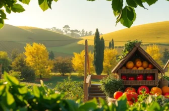 A stunning view of a sunlit field brimming with vibrant vegetables and fruits amidst lush green hills.