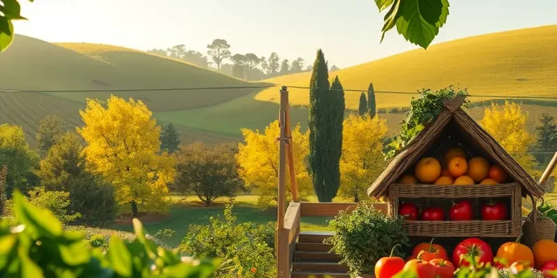 A stunning view of a sunlit field brimming with vibrant vegetables and fruits amidst lush green hills.