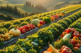 A beautiful sunlit landscape featuring a rich variety of organic vegetables and fruits growing naturally in a lush field.