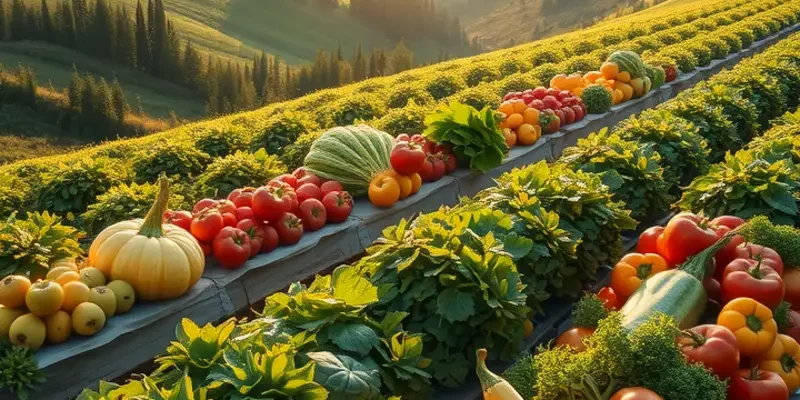 A beautiful sunlit landscape featuring a rich variety of organic vegetables and fruits growing naturally in a lush field.