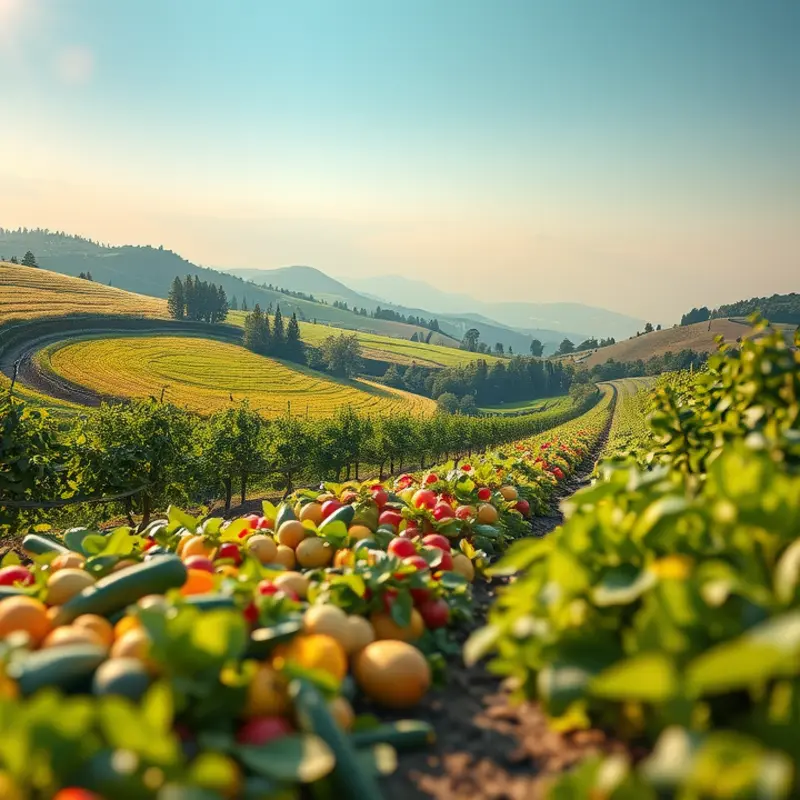 A vibrant orchard filled with fresh produce under a warm sun.