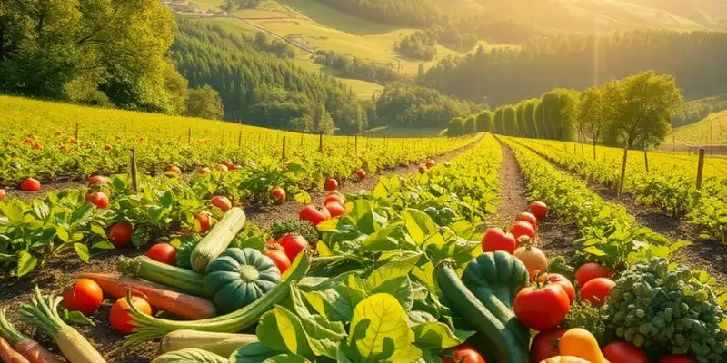 A beautiful sunny field displaying a wide variety of fresh produce growing naturally