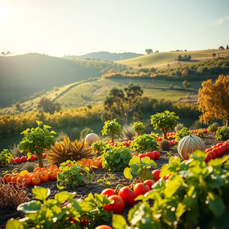 A vibrant sunlit field thriving with organic vegetables.
