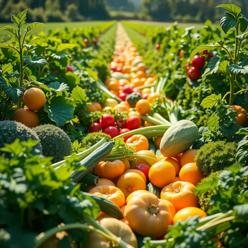 A vibrant sunlit field filled with fresh organic produce.