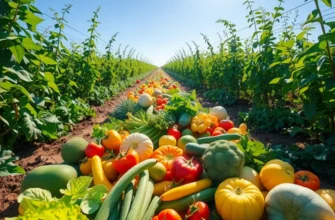A landscape featuring a sunlit field with organic vegetables and fruits, surrounded by green hills.