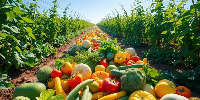 A landscape featuring a sunlit field with organic vegetables and fruits, surrounded by green hills.