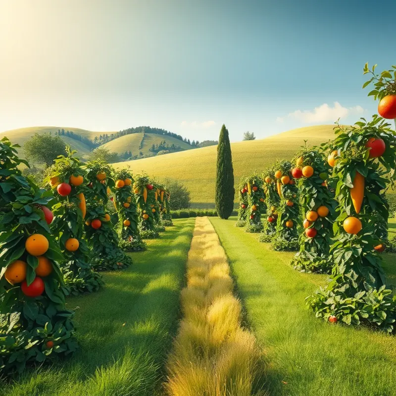 A vibrant sunlit field showcasing fresh organic vegetables and fruits in nature.