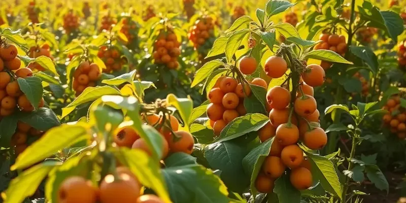 A sunlit field showcasing lush fruits and vegetables in a natural setting.