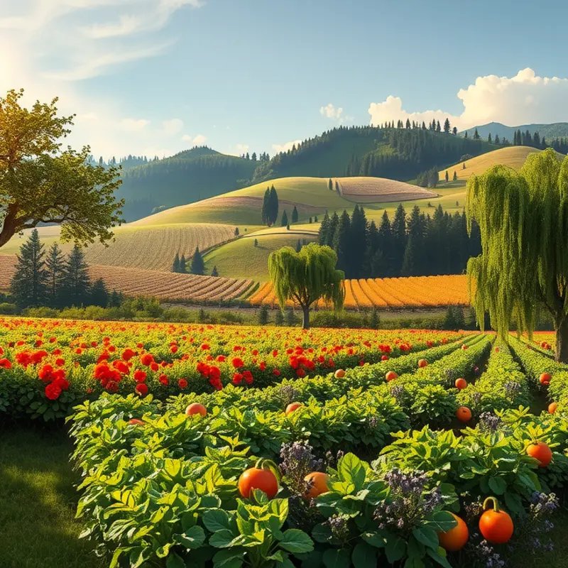 A sunlit field showcasing vibrant organic produce.