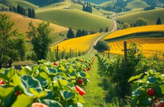 A photorealistic landscape showcasing a sunlit field with organic vegetables and fruits.