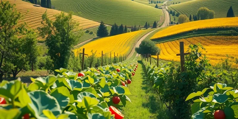 A photorealistic landscape showcasing a sunlit field with organic vegetables and fruits.