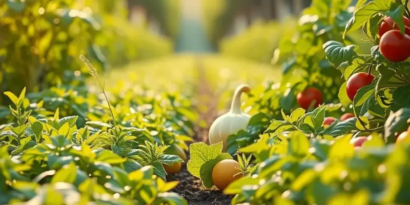 A scenic landscape with lush organic produce in vibrant colors, representing healthy nourishment.